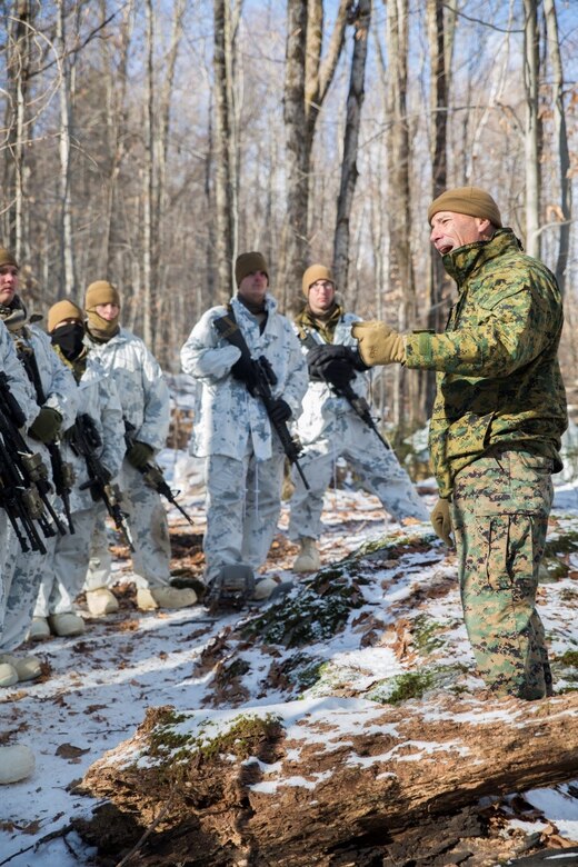 Brig. Gen. Paul K. Lebidine, commanding general of 4th Marine Division, visits the Marines of 3rd Battalion, 25th Marine Regiment, 4th MarDiv, at their training sites during exercise Nordic Frost at Camp Ethan Allen Training Site in Jericho, Vt., Jan. 6. 2017. Lebidine spoke of the importance of small-unit leadership in a cold-weather environment and passed on some motivation to the Marines. (U.S. Marine Corps photo by Cpl. Melissa Martens/ Released) 