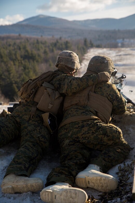 Sgt. Tristin J. Rice (left), machine gun section leader, Company I, 3rd Battalion, 25th Marine Regiment, 4th Marine Division, and Cpl. Cody J. Shepard, machine gunner for Company I, man the M240 machine gun during exercise Nordic Frost at Camp Ethan Allen Training Site in Jericho, Vt., Jan. 7. 2017. Throughout the exercise, Marines conduct training in a demanding cold-weather environment that places an emphasis on small-unit leadership. (U.S. Marine Corps photo by Cpl. Melissa Martens/ Released)