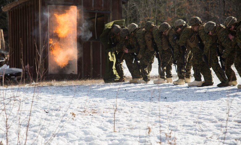 Marines with Weapons Company, 3rd Battalion, 25th Marine Regiment, 4th Marine Division, take cover as a doughnut charge is used to breach a building during exercise Nordic Frost at Camp Ethan Allen Training Site in Jericho, Vt., Jan. 7. 2017. The Marines were evaluated on their ability to successfully operate the demolitions in a demanding cold-weather environment. (U.S. Marine Corps photo by Cpl. Melissa Martens/ Released)