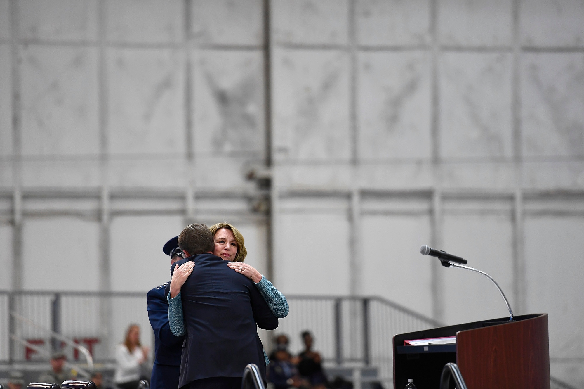 Secretary of the Air Force Deborah Lee James hugs Secretary of Defense Ash Carter during her farewell ceremony at Joint Base Andrews, Md., Jan. 11, 2017.  James took office as the 23rd secretary of the Air Force in December 2013. (U.S. Air Force photo/Scott M. Ash)