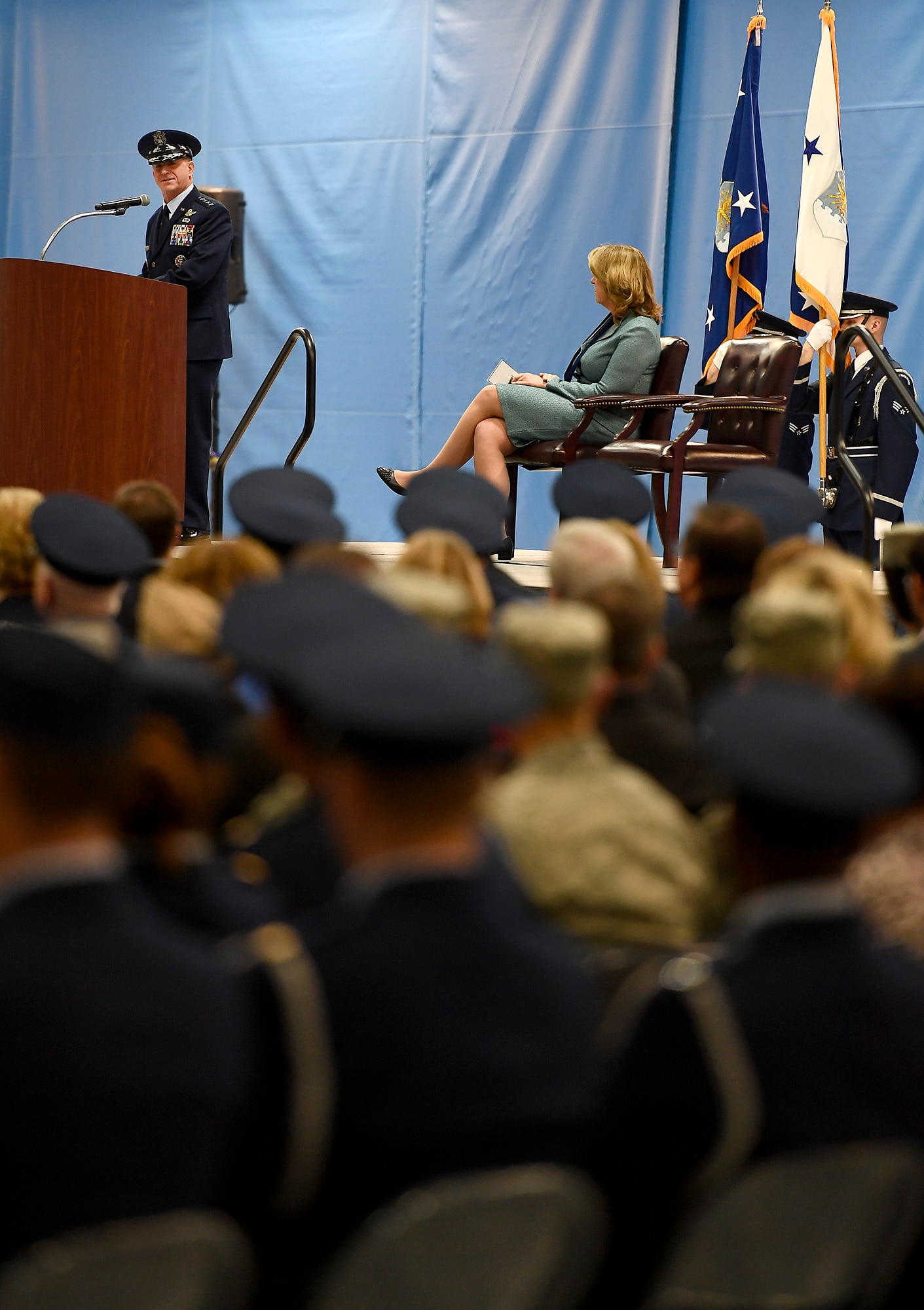Air Force Chief of Staff Gen. David L. Goldfein speaks about Secretary of the Air Force Deborah Lee James during her farewell ceremony at Joint Base Andrews, Md., Jan. 11, 2017.  James took office as the 23rd secretary of the Air Force in December 2013. (U.S. Air Force photo/Scott M. Ash)