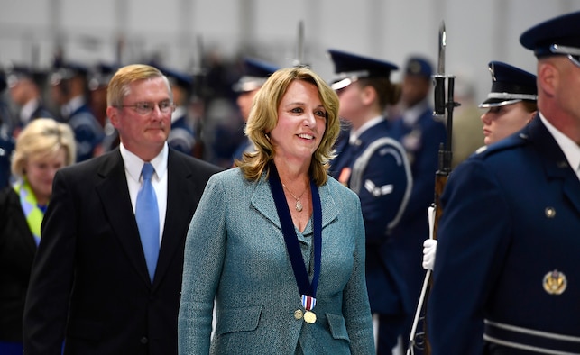 Secretary of the Air Force Deborah Lee James and her husband, Frank Beatty, depart her farewell ceremony at Joint Base Andrews, Md., Jan. 11, 2017.  James took office as the 23rd secretary of the Air Force in December 2013. (U.S. Air Force photo/Scott M. Ash)