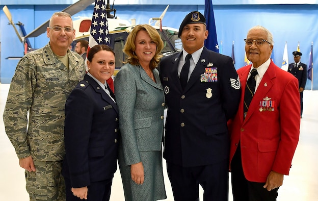 From left, Lt. Gen. Jack Weinstein, Maj. Dana Lyon, Tech. Sgt. Brian Williams, and Tuskegee Airman Col. Charles McGee pose with Secretary of the Air Force Deborah Lee James at her farewell ceremony at Joint Base Andrews, Md., Jan. 11, 2017 James took office as the 23rd secretary of the Air Force in December 2013. (U.S. Air Force photo/Scott M. Ash)