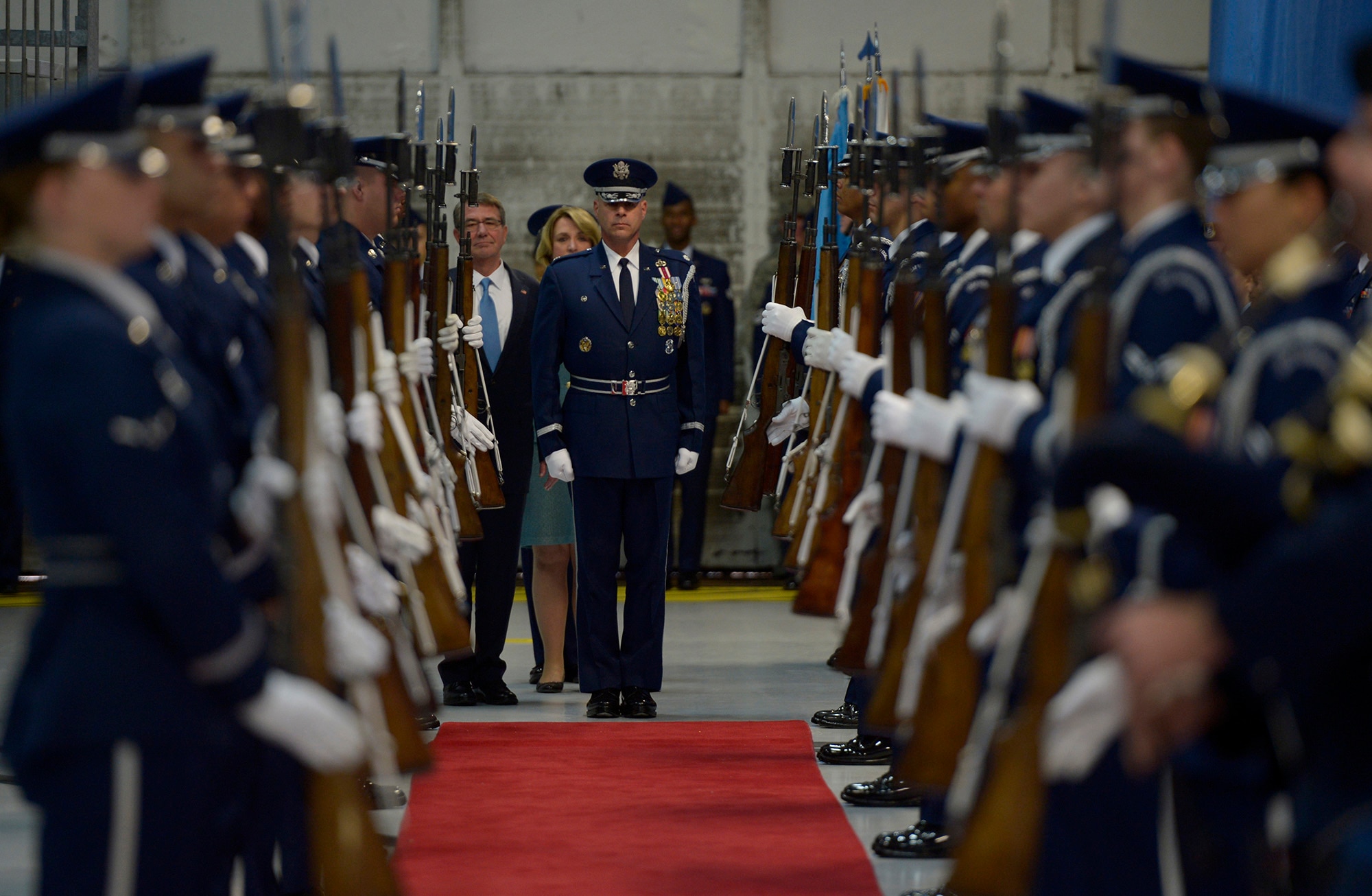 Lt. Col. Peter Tritsch, the U.S. Air Force Honor Guard commander, leads Secretary of the Air Force Deborah Lee James into her farewell ceremony at Joint Base Andrews, Md., Jan. 11, 2017.  James took office as the 23rd secretary of the Air Force in December 2013. (U.S. Air Force photo/Tech. Sgt. Joshua L. DeMotts) 