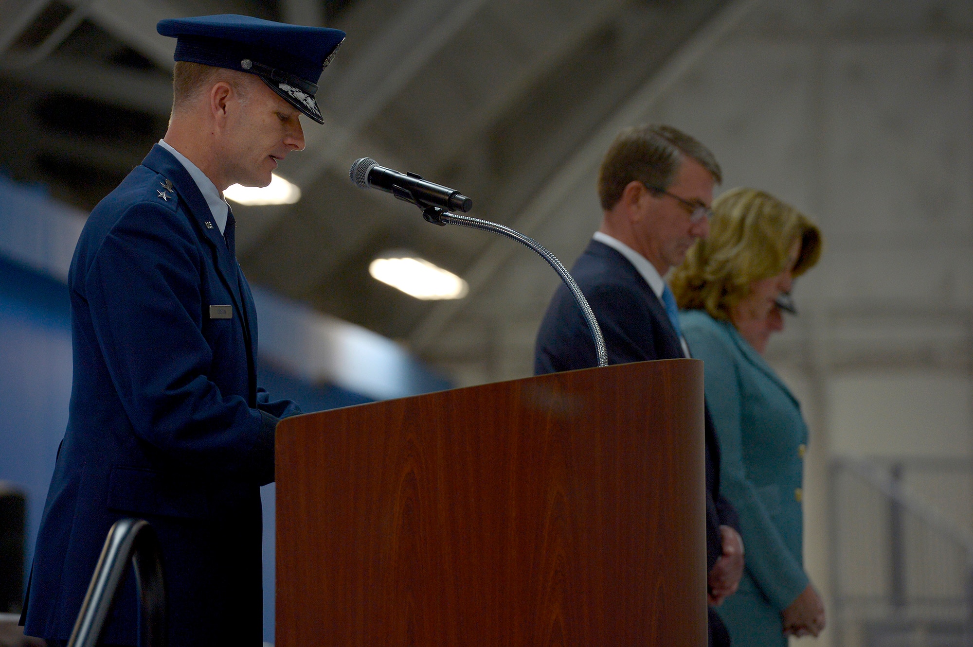 Maj. Gen. Dondi Costing, the Air Force chief of chaplains, gives the invocation at the farewell ceremony in honor of Secretary of the Air Force Deborah Lee James at Joint Base Andrews, Md., Jan. 11, 2017.  James took office as the 23rd secretary of the Air Force in December 2013. (U.S. Air Force photo/Tech. Sgt. Joshua L. DeMotts)