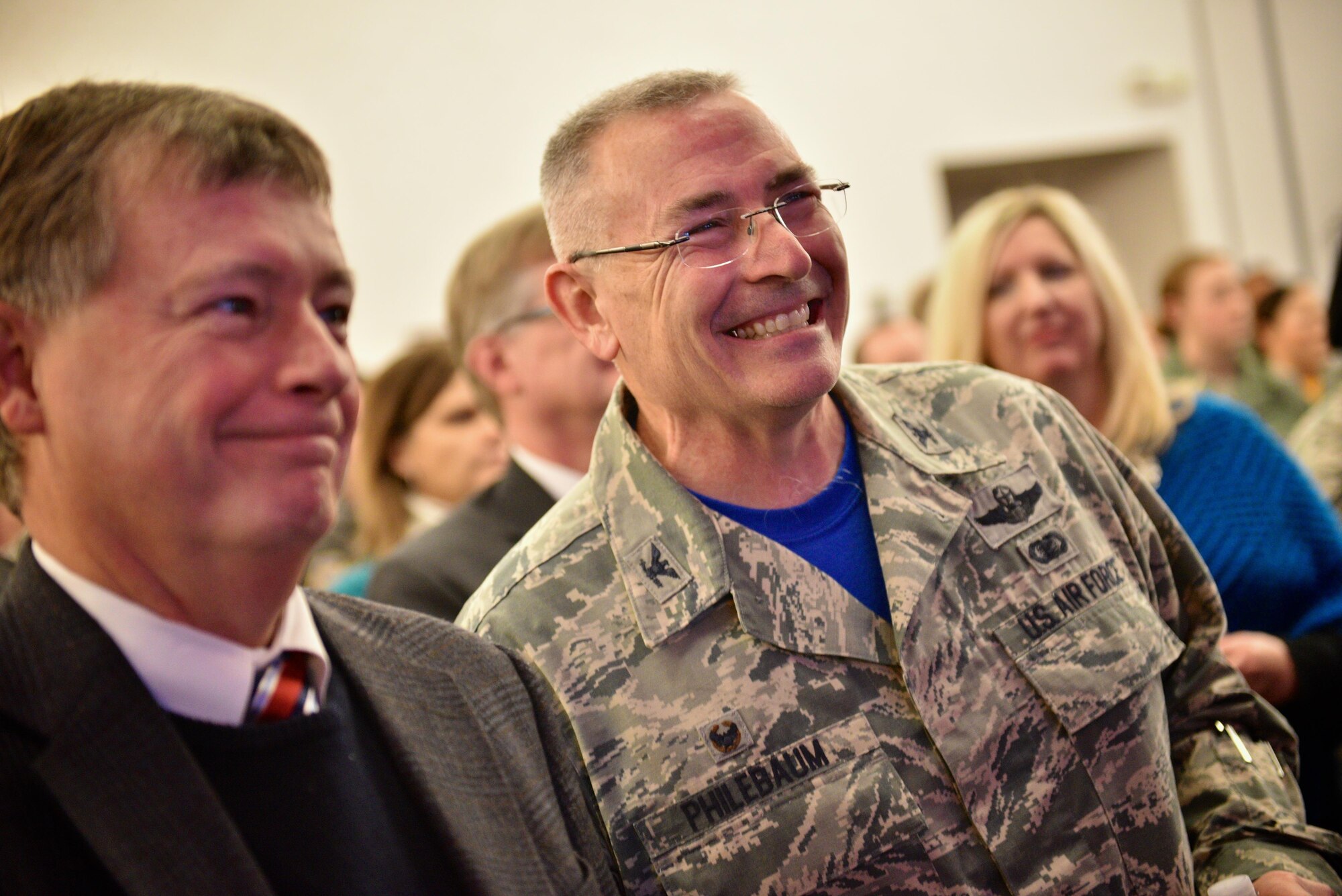 Col. Johnathan Philebaum, 932nd Airlift Wing commander, smiles during the Centennial Kickoff at the Scott Event Center, Jan. 6, 2017. (U.S. Air Force photo by Chris Parr)