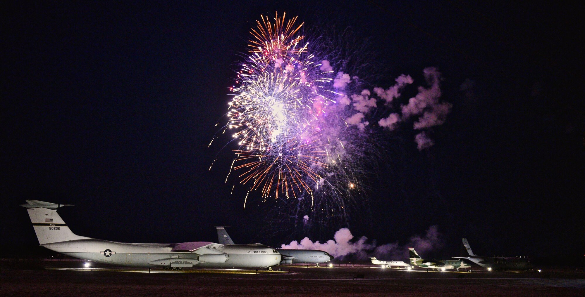 Fireworks explode over the static displays at Heritage Air Park for the celebration of Scott Air Force Base’s 100th Year Anniversary, Jan. 6, 2017. (U.S. Air Force photo by Chris Parr)