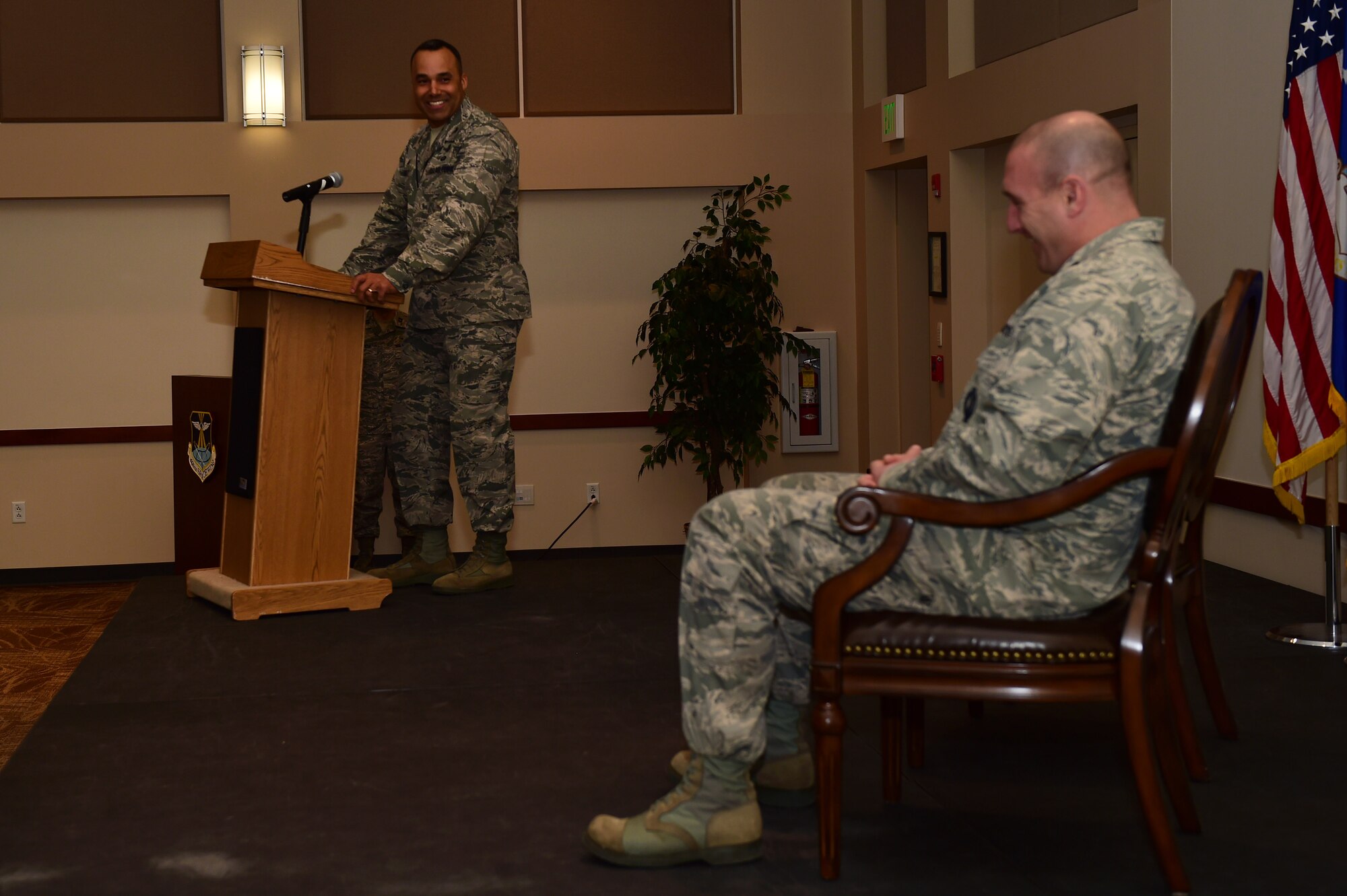 Col. Lorenzo Bradley, 460th Operations Group commander, speaks during the 460th OG Detachment 1 deactivation ceremony Jan. 11, 2017, at the Leadership Development Center on Buckley Air Force Base, Colo. The mission of Det. 1 focused on interim operations for Space Based Infared System Geosynchronous satellites until Block 10 delivered the consolidated ground system. (U.S. Air Force photo by Airman 1st Class Gabrielle Spradling/Released)