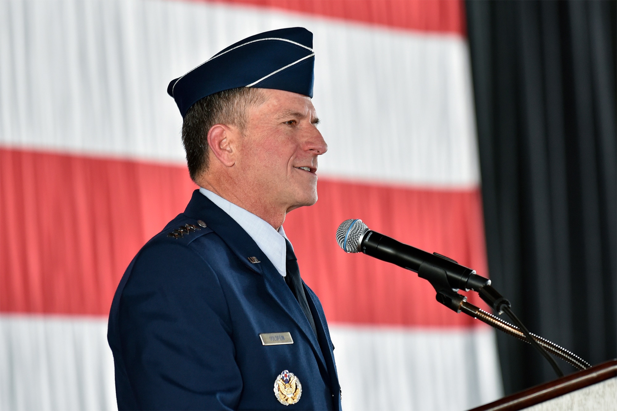 PETERSON AIR FORCE BASE, Colo. – Gen. David L. Goldfein, Chief of Staff of the Air Force, speaks during the Air Force Space Command change of command ceremony at Peterson Air Force Base, Colo., Oct. 25, 2016. This was one of three times Goldfein visited Peterson in 2016. (U.S. Air Force photo by Craig Denton)