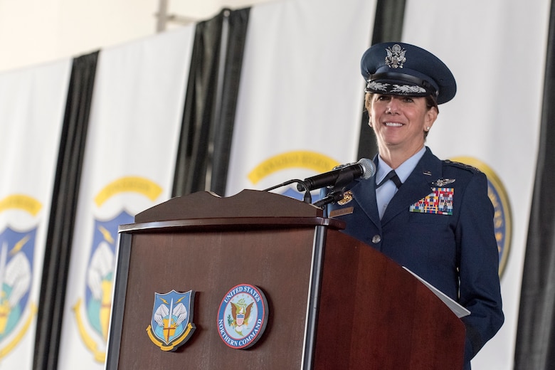 PETERSON AIR FORCE BASE, Colo. - U.S. Air Force Gen. Lori J. Robinson provides remarks during the North American Aerospace Defense Command and U.S. Northern Command Change of Command ceremony, May 13, 2016 on Peterson Air Force Base, Colo. U.S. Air Force Gen. Lori J. Robinson was appointed by the President of the United States and the Prime Minister of Canada and confirmed by the U.S. Senate to assume command from U.S. Navy Adm. Bill Gortney. (DoD Photo by N-NC Public Affairs/Released)
