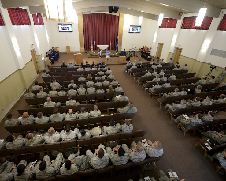 Airmen find their seats before Master Sgt. Scott W. Scovell’s memorial service inside the Freedom Chapel at Ellsworth Air Force Base, S.D., Jan. 11, 2017. Scovell passed away Jan. 3, and while he had only been assigned to the base for two months, the event was attended by a large number of Ellsworth Airmen in a testament to the impact he made. (U.S. Air Force photo by Airman 1st Class Denise M. Jenson)