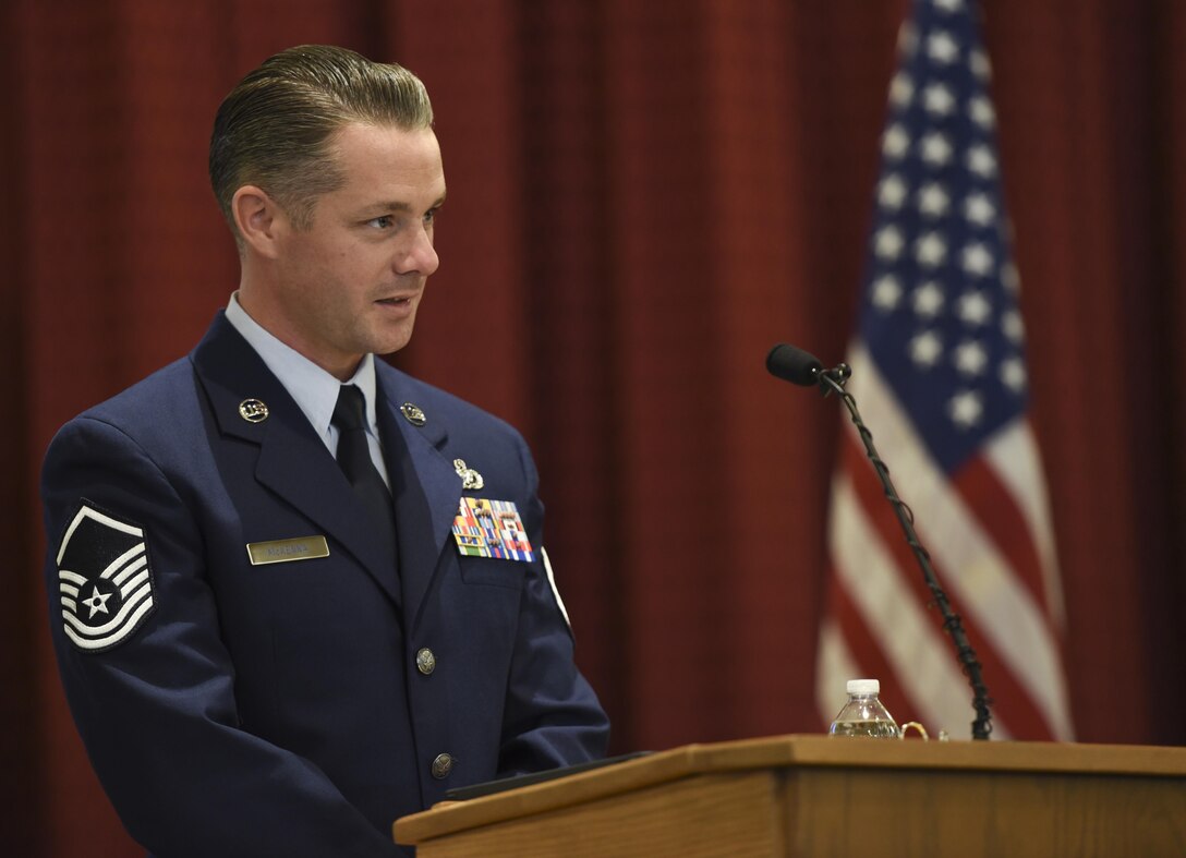 Master Sgt. Kenneth McKenna, the chief inspector of quality assurance assigned to the 352nd Special Operations Maintenance Group at Royal Air Force Mildenhall, England and a friend of Master Sgt. Scott W. Scovell, speaks at Scovell’s memorial service inside the Freedom Chapel at Ellsworth Air Force Base, S.D., Jan. 11, 2017. McKenna met Scovell, who passed away Jan. 3, when they served together at Elmendorf Air Force Base, Alaska, in 2005, and remained friends throughout many moves and duty assignments. (U.S. Air Force photo by Airman 1st Class Randahl J. Jenson)