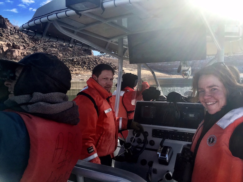 ABIQUIU LAKE, N.M. – Park manager John Mueller joined several of the volunteers on the lake to count eagles, Sat. Jan. 7, 2017. Using three fixed land viewing stations and two boats on the lake, a total of 12 eagles were counted.