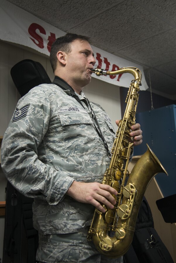 Tech. Sgt. Ryan Janus, Air Force Band of Mid America Starlifter musician, practices the tenor saxophone in preparation for Scott Air Force Base’s Centennial Celebration kick off, Jan. 4, 2017 at Scott Air Force Base, Ill.. Formerly known as the Air Force Band of Mid-America, the Military Airlift Command Band, and the AMC Band of Mid-America, the United States Air Force band of Mid-America was established in 1942 at Jefferson Barracks, Mo.. (U.S. Air Force photo by Airman 1st Class Gwendalyn Smith)