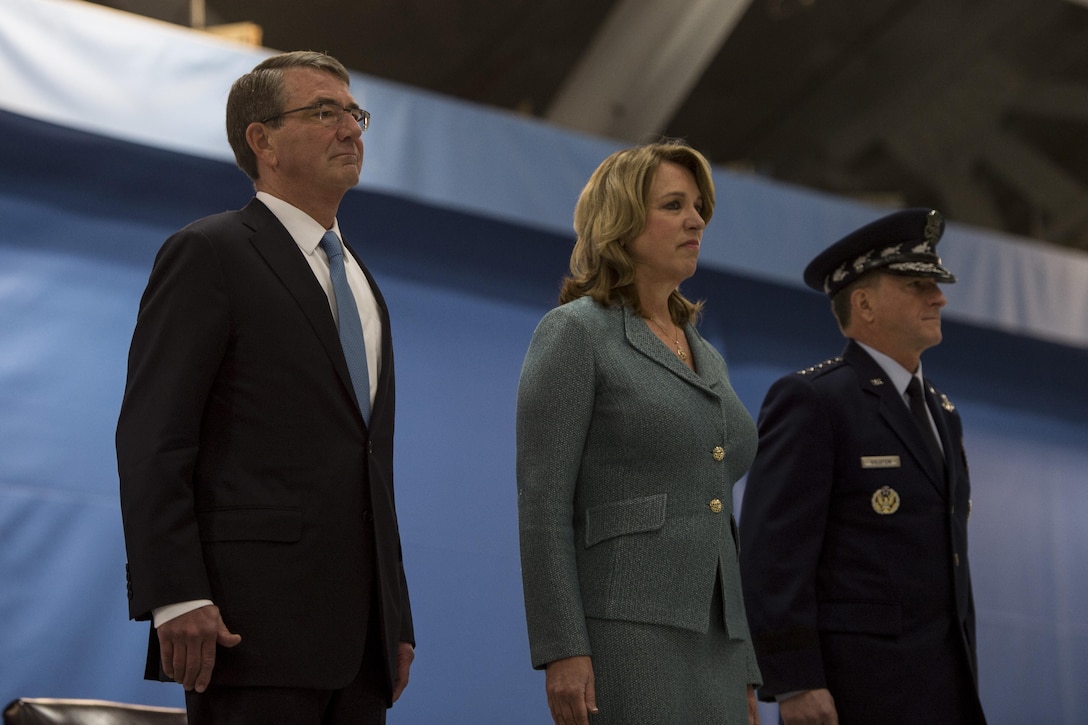 From left, Defense Secretary Ash Carter, Air Force Secretary Deborah Lee James and Air Force Chief of Staff Gen. David Goldfein attend James' farewell ceremony at Joint Base Andrews, Md., Jan. 11, 2017. DoD photo by Air Force Tech. Sgt. Brigitte N. Brantley