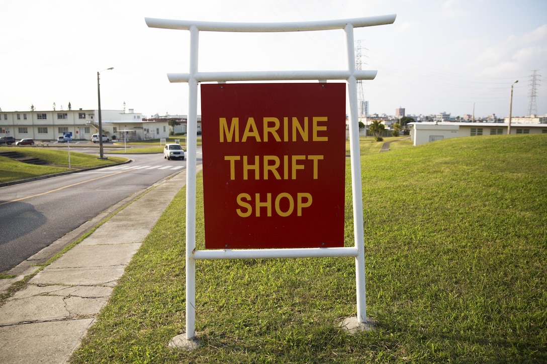 A sign stands outside the Marine Thrift Shop Jan. 10 aboard Camp Foster, Okinawa, Japan. The thrift shop is a non-profit organization that provides clothing, housewares and other items at nominal prices to service members and families. In 2016, the shop gave away more than 4,615 uniform items to service members for free. The thrift shop is supported by the community through volunteer efforts and donations. (U.S. Marine Corps photo by Cpl. Janessa K. Pon)