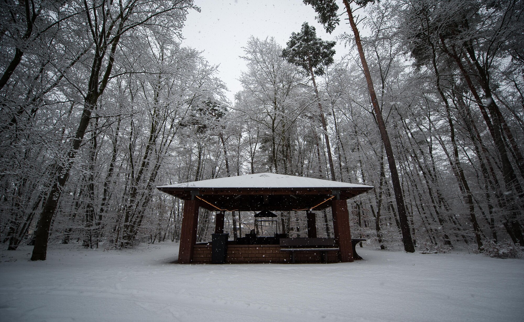 Snow falls on a gazebo at Ramstein Air Base, Germany, Jan. 10, 2017. The Kaiserslautern Military Community received approximately 3 1/2 inches of snow in one day, making it the largest snowfall in a 24-hour period in the area since 2009. (U.S. Air Force photo by Airman 1st Class Lane T. Plummer)