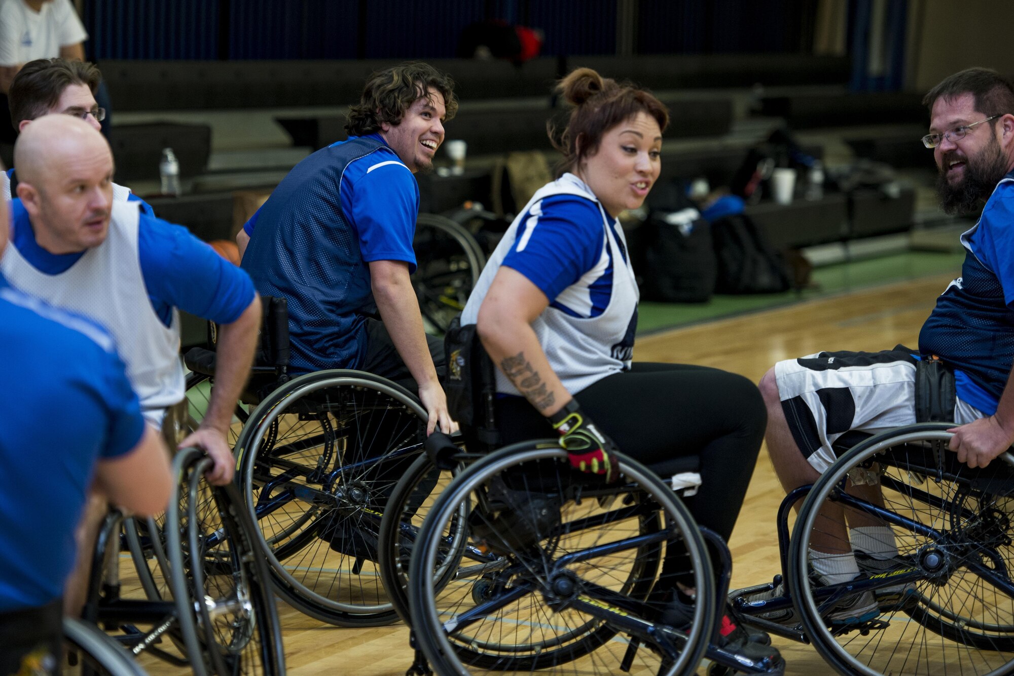 Air Force Wounded Warriors play wheelchair basketball during the 2017 Air Force Wounded Warrior Warrior CARE event Jan. 10, 2017, at JBSA-Randolph, Texas. The goal of the Warrior CARE event is to provide wellness events for seriously wounded, ill and injured military members, veterans and their caregivers.