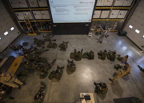 Airmen from the 31st Maintenance Group participate in a Chemical, Biological, Radiological, Nuclear and High Yield Explosives defense survival skills class at Aviano Air Base, Italy on Jan. 6, 2017. The class was part of a larger Expeditionary Skills Rodeo event which condensed 16 hours of training into 6.6 hours. (U.S. Air Force photo by Senior Airman Cory W. Bush)