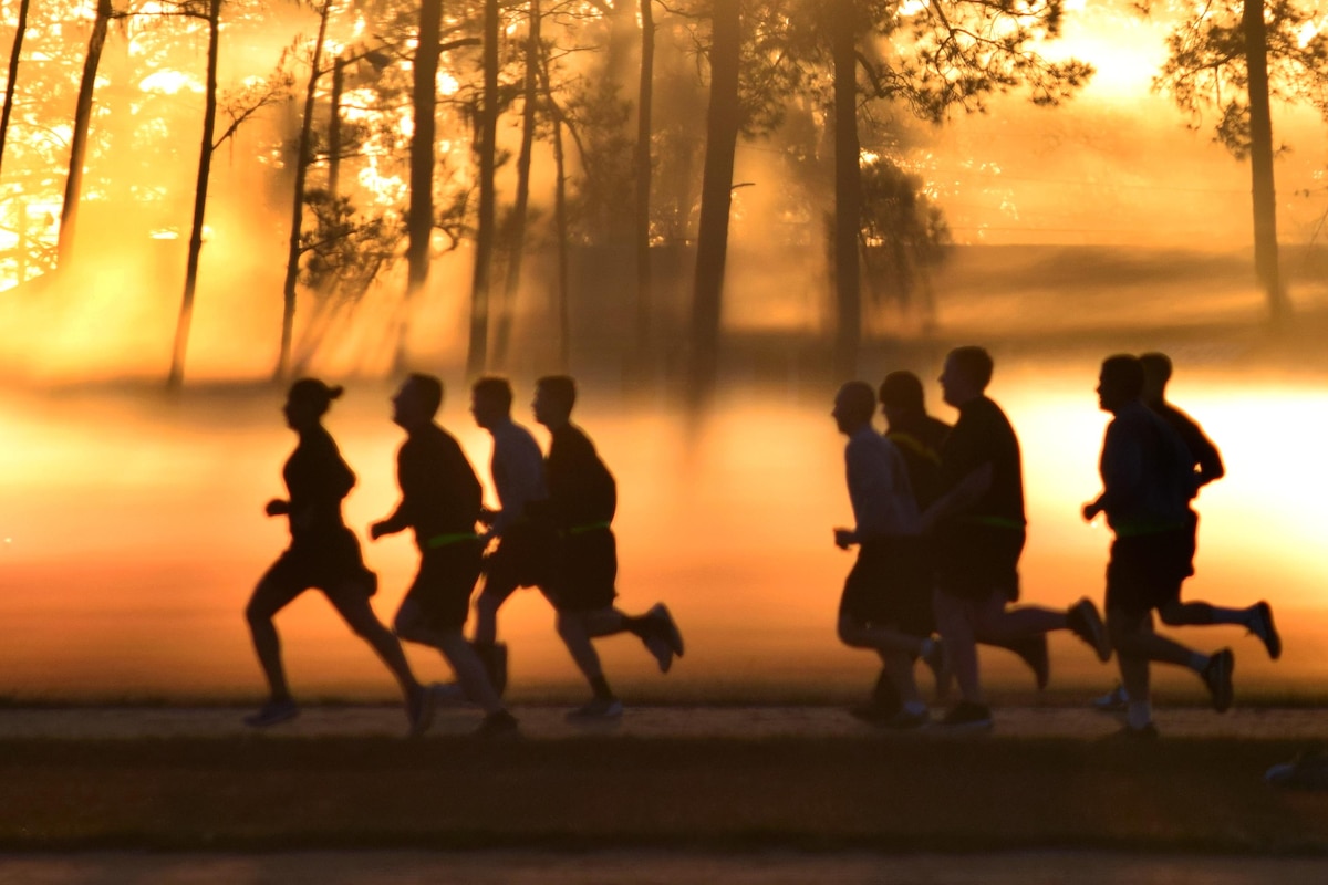Soldiers participate in a sunrise run past trees.