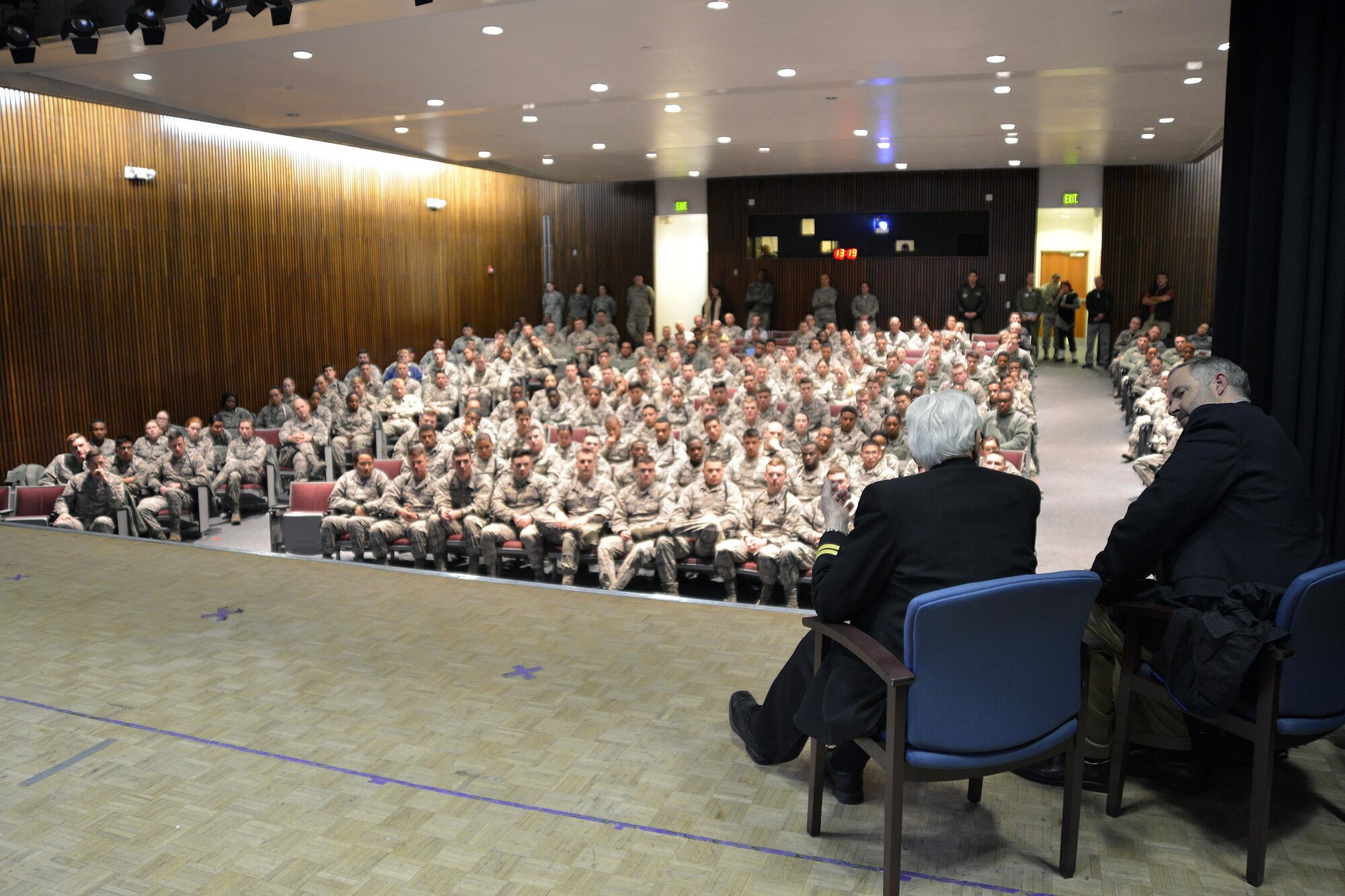 U.S. Air Force Academy Preparatory School cadet candidates pack the Community Center Theater at the U.S. Air Force Academy Jan. 6, 2016, to hear retired Navy Lt. Jim Downing (left, onstage) share his story of military service and surviving the attack on Pearl Harbor. Downing, 103, is the second-oldest known survivor of the Dec. 7, 1941 attack on Pearl Harbor by the Imperial Japanese. (U.S. Air Force photo/Jason Gutierrez)