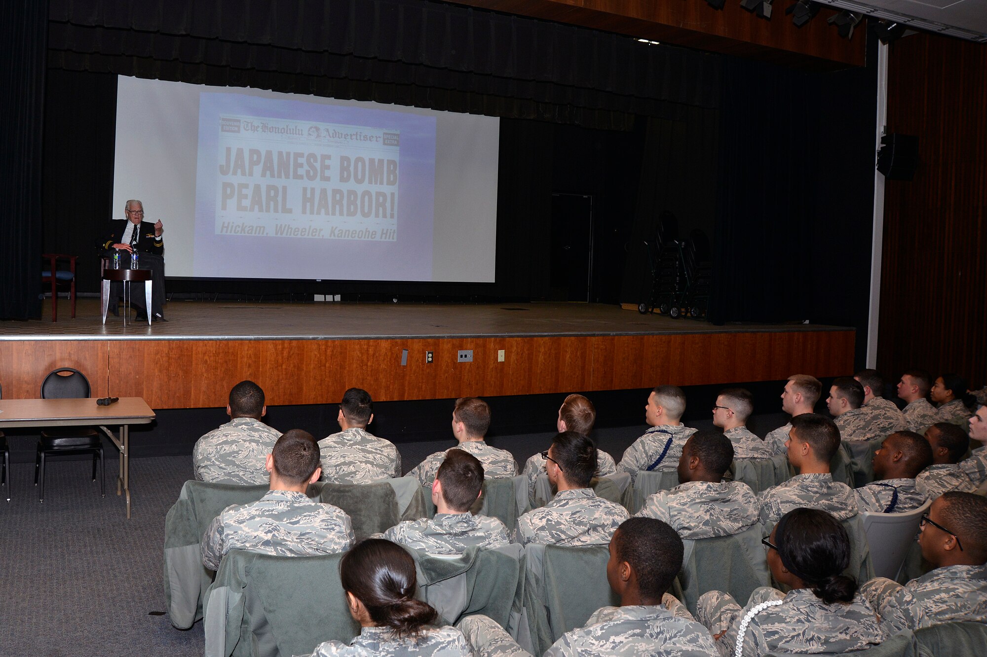 Retired Navy Lt. Jim Downing shares his story of military service and surviving the attack on Pearl Harbor with U.S. Air Force Academy Preparatory School cadet candidates, Jan. 6, 2016, at the U.S. Air Force Academy. Downing, 103, is the second oldest known survivor of the Dec. 7, 1941 attack on Pearl Harbor by the Imperial Japanese. (U.S. Air Force photo/Jason Gutierrez)