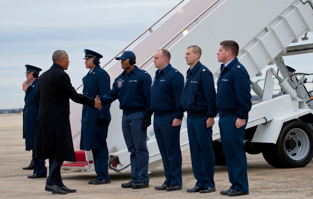 President Barack Obama greets members of the 89th Airlift Wing’s Presidential Airlift Group at Joint Base Andrews, Md., Jan. 10, 2017. The president departed for his home city of Chicago to deliver his farewell speech to the nation. (U.S. Air Force photo by Staff Sgt. Joe Yanik)