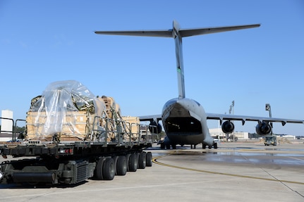 Cargo stands by to be loaded onto a C-17 Globemaster III during a Deployment Readiness Exercise on Pope Army Airfield Jan. 8, 2017. The DRE focused on evaluating the 43rd Air Mobility Operations Group's outbound processes. The 43rd AMOG and 82nd Airborne Division worked together to simulate a short-notice Global Response Force deployment, packaging, inspecting and loading cargo for the purposes of the exercise. (U.S. Air Force photo by Master Sgt. Thomas J. Doscher/released)