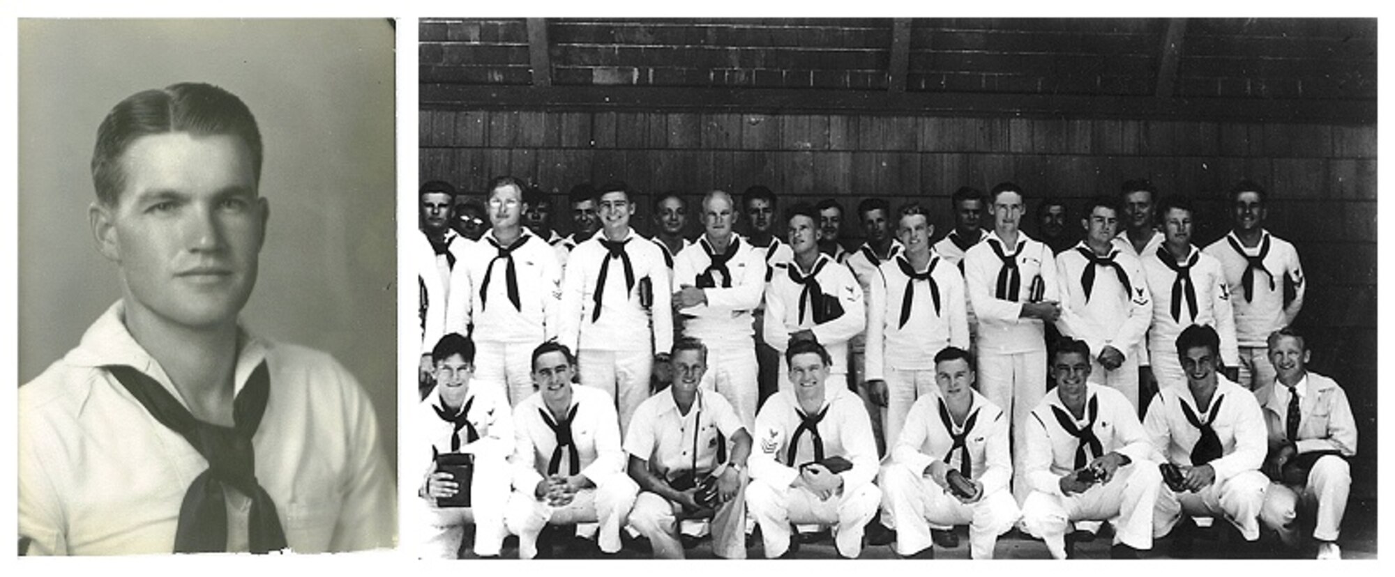 Retired Navy Lt. Jim Downing is seen here as an enlisted seaman in two U.S. Navy photos. On the right, Downing is seated in the bottom row, fourth from the left. Downing, 103,is the second-oldest know survivor of the Dec. 7, 1941 attack on Pearl Harbor by the Imperial Japanese.(Courtesy photo/Jim Downing) 