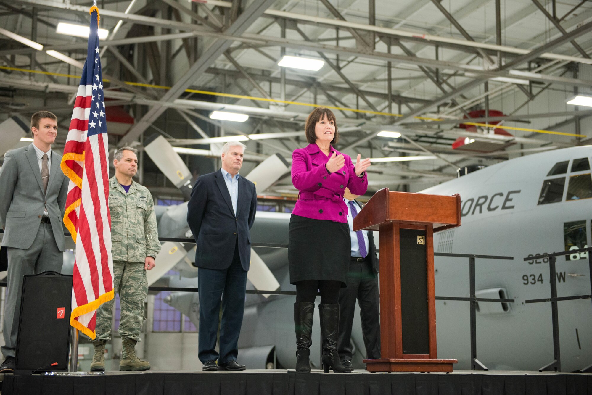 Rep. Betty McCollum addresses members of the 934th Airlift Wing during a deployment ceremony on January 8.  (U.S. Air Force photo by Tech. Sgt. Trevor Saylor)