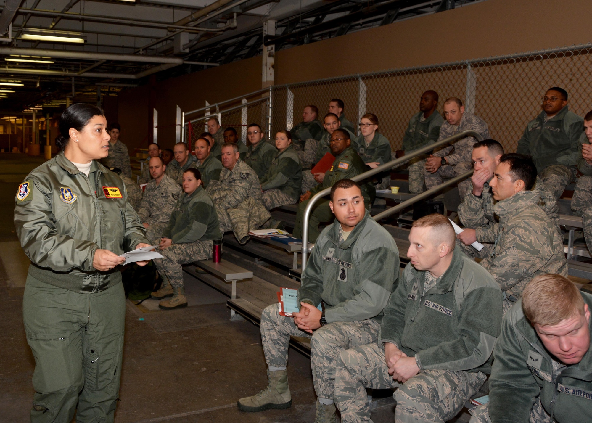 Col. Dana Nelson, 507th Air Refueling Wing vice commander, briefs 507th ARW Citizen Airmen prior to processing the mobility line during an exercise Jan. 8, 2017, at Tinker Air Force Base, Okla. Reservists with the 507th Air Refueling Wing participated in the exercise in preparation for the upcoming nuclear operational readiness inspection in March 2016. (U.S. Air Force photo/Tech Sgt. Lauren Gleason)