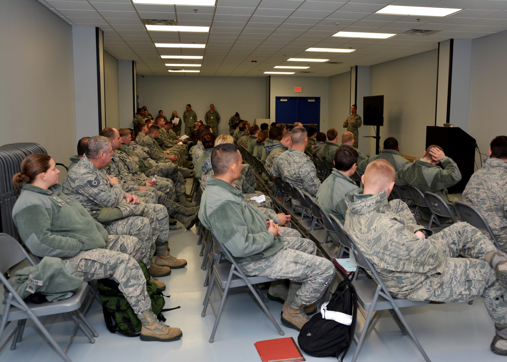 Maj. Kurt Eberle, judge advocate with the 507th Air Refueling Wing, briefs Citizen Airmen on legal issues prior to entering the mobility processing line during an exercise Jan. 8, 2017, at Tinker Air Force Base, Okla. Reservists with the 507th Air Refueling Wing participated in the exercise in preparation for the upcoming nuclear operational readiness inspection in March 2016. (U.S. Air Force photo/Tech Sgt. Lauren Gleason)