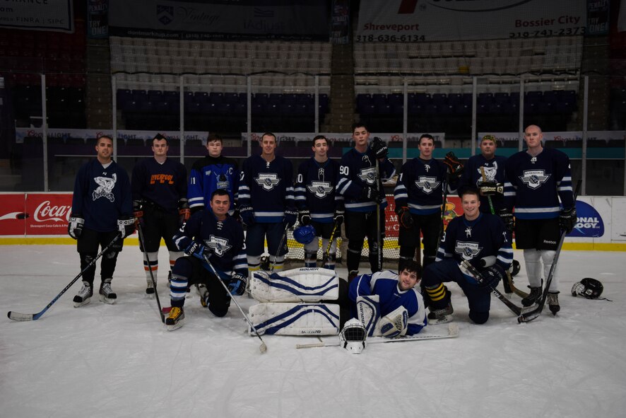 The Barksdale Bombers hockey team, poses for a team photo after a game at Hirsch Coliseum in Shreveport, La., Jan. 8, 2017. The Bombers beat the Red Team 16 to 13. (U.S. Air Force photo/Airman 1st Class Stuart Bright)