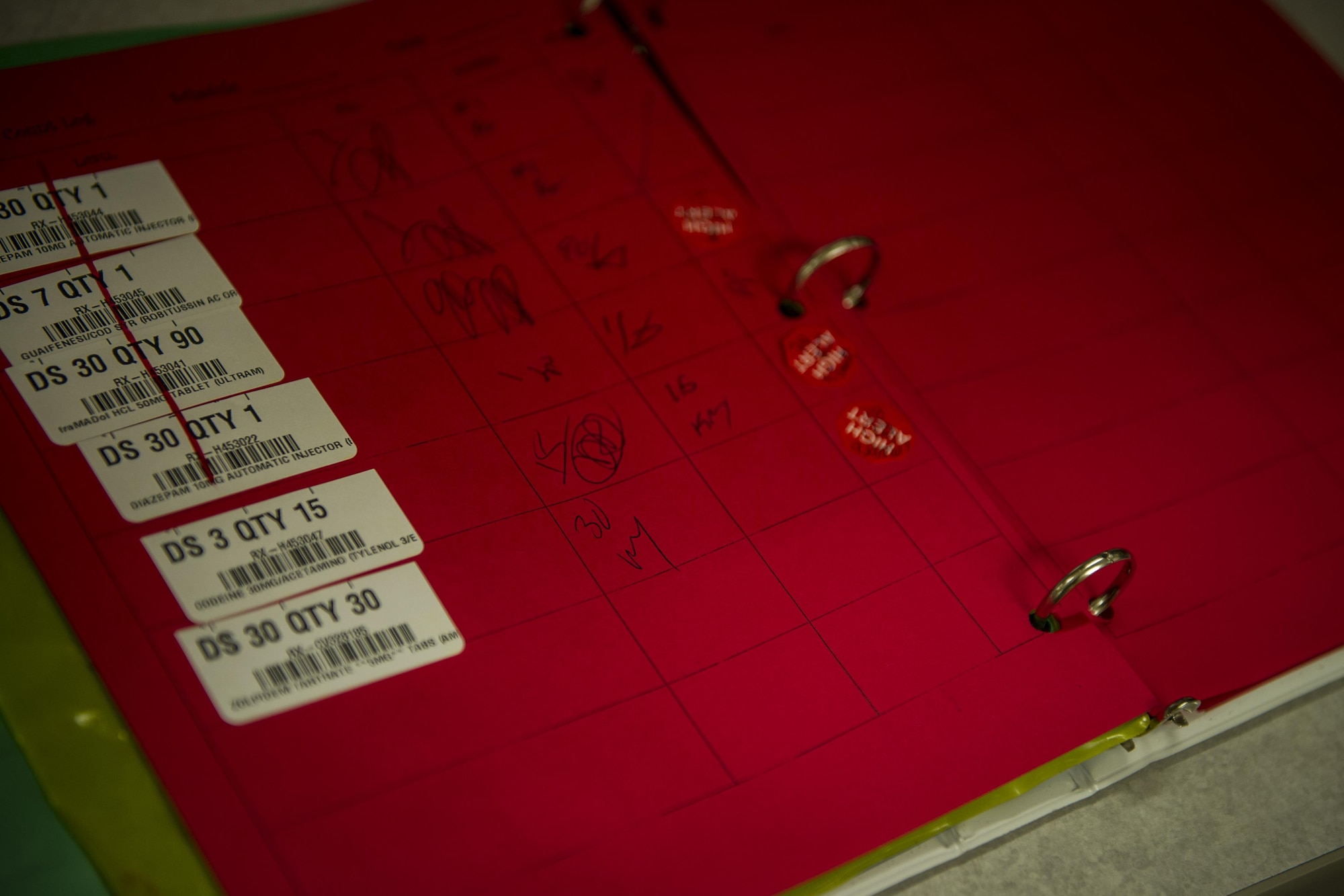 A quantity check binder lays inside the 1st Special Operations Medical Support Squadron pharmacy on Hurlburt Field, Fla., Jan. 10, 2017. The 1st SOMDSS pharmacy counts any narcotic prescription at least two times by two different staff members to ensure the correct quantity. (U.S. Air Force photo by Airman 1st Class Joseph Pick)