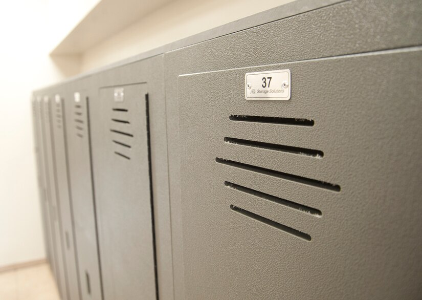 Newly-installed shower lockers line the wall of the west fitness center at Joint Base Andrews, Md. Dec. 16, 2016 Additional improvements made during 2016 at the base fitness center include locker room saunas, water refilling stations and a renovated heating, ventilation and air conditioning system. (U.S. Air Force photo by Staff. Sgt. Joe Yanik)