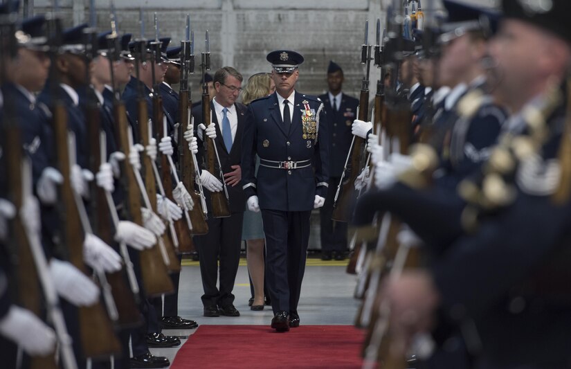 Members of the U.S. Air Force Honor Guard welcome Secretary of the Air Force Deborah Lee James to her farewell ceremony through a cordon at Joint Base Andrews, Md., Jan. 11, 2017. The honor guard played a major role during the ceremony alongside the U.S. Air Force Band to honor James’ service to America’s Airmen. (U.S. Air Force photo by Senior Airman Jordyn Fetter)