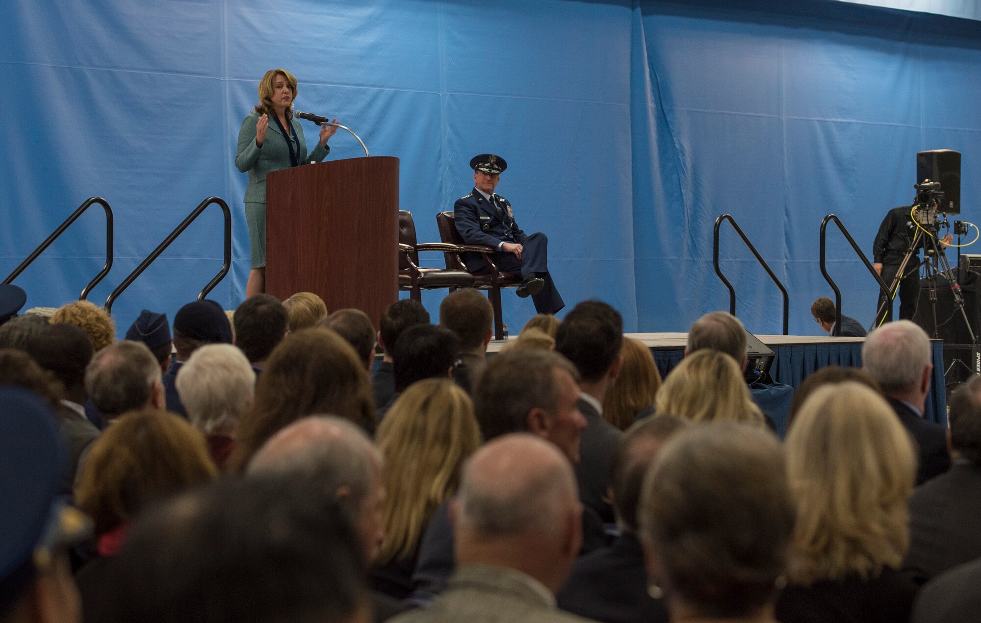 Secretary of the Air Force Deborah Lee James speaks at her farewell ceremony at Joint Base Andrews, Md., Jan. 11, 2017. James held the position of the 23rd secretary of the Air Force from 2013 to 2017 and was responsible for organizing, equipping, training thousands of Airmen and their families. To honor her service, the 11th Wing employed volunteers as ushers, transporters, traffic directors and other roles to ensure the ceremony ran smoothly. (U.S. Air Force photo by Senior Airman Jordyn Fetter)