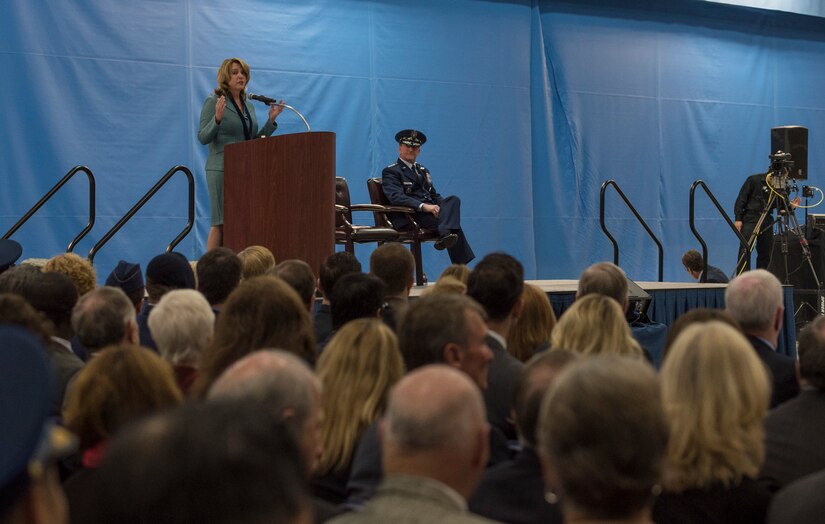 Secretary of the Air Force Deborah Lee James speaks at her farewell ceremony at Joint Base Andrews, Md., Jan. 11, 2017. James held the position of the 23rd secretary of the Air Force from 2013 to 2017 and was responsible for organizing, equipping, training thousands of Airmen and their families. To honor her service, the 11th Wing employed volunteers as ushers, transporters, traffic directors and other roles to ensure the ceremony ran smoothly. (U.S. Air Force photo by Senior Airman Jordyn Fetter)