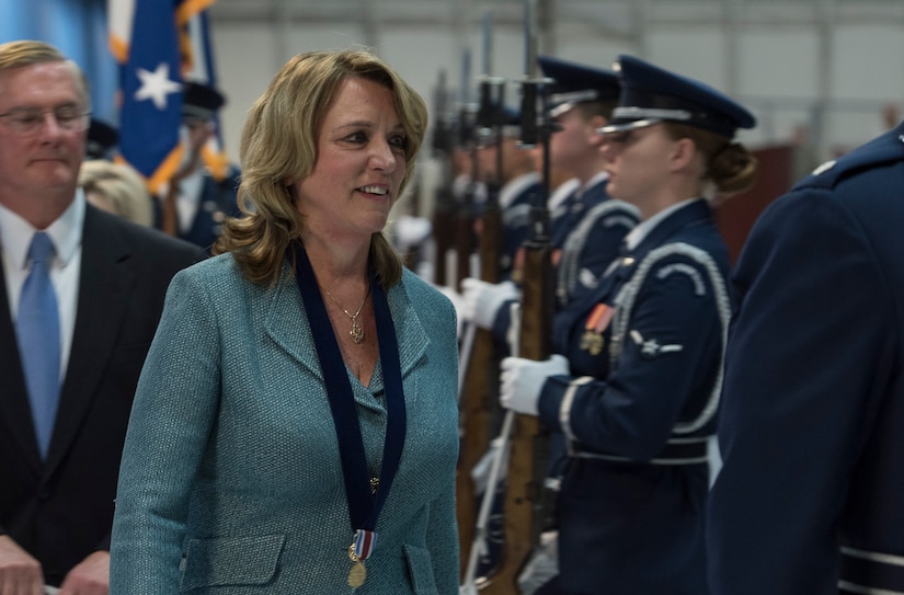 Secretary of the Air Force Deborah Lee James exits her farewell ceremony at Joint Base Andrews, Md., Jan. 11, 2017. James held the position of the 23rd secretary of the Air Force from 2013 to 2017 and was responsible for organizing, equipping, training thousands of Airmen and their families. To honor her service, the 11th Wing employed volunteers as ushers, transporters, traffic directors and other roles to ensure the ceremony ran smoothly. (U.S. Air Force photo by Senior Airman Jordyn Fetter)