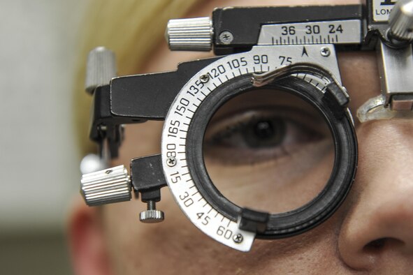 A patient wears a trial frame at Hurlburt Field, Fla., Jan. 9 2017. A trial frame is used to determine refractive errors in the eye and provide further treatment if necessary. (U.S. Air Force photo by Airman Dennis Spain)
