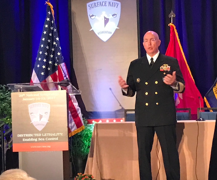 Navy Adm. Kurt W. Tidd, commander of U.S. Southern Command, discusses the virtues of sea power in his keynote address at the Surface Navy Association’s 29th National Symposium in Washington, D.C., Jan. 12, 2017. The Jan. 10-12 symposium featured a number of speakers encouraging dialogue and sharing innovations in the surface warfare community. DoD photo by Amaani Lyle
