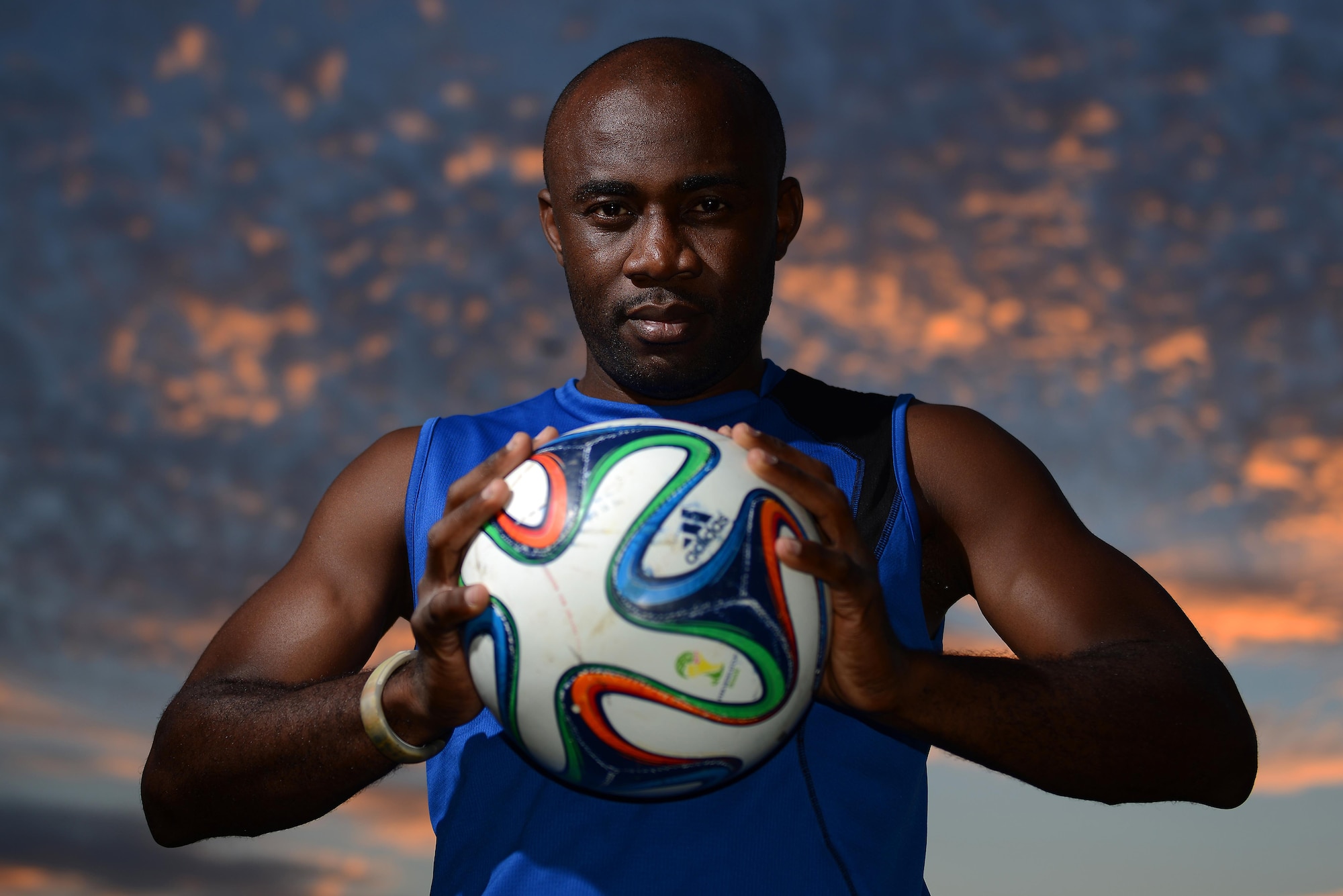 Senior Airman Jonathan Gwei, 47th Medical Support Squadron travel and referral technician, poses for the camera, on Laughlin Air Force Base, Oct. 25, 2016. Gwei has secured a spot on the Air Force soccer team for his second time. (U.S. Air Force photo/Airman 1st Class Benjamin N. Valmoja)