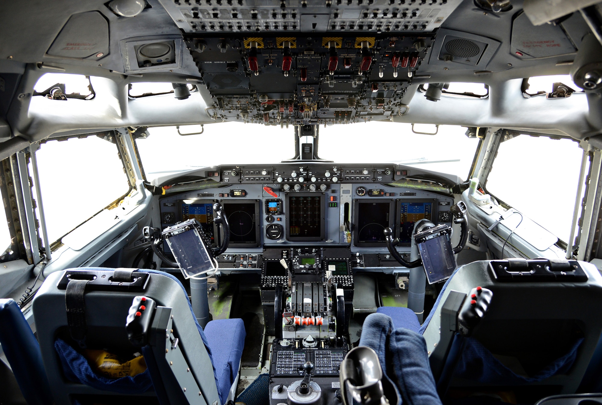 Inside the cockpit of the first of 24 E-3 Sentry aircraft to undergo glass flight deck modification known as DRAGON.  (Air Force photo by Kelly White)