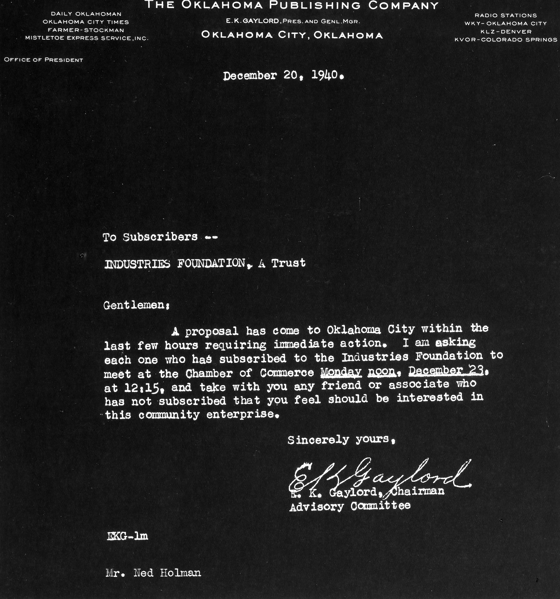 This is the letter sent out by Oklahoma Publishing Company President and General Manager E.K. Gaylord inviting members of the Industries Foundation to a meeting to discuss pursuing an air depot or aircraft factory. The letter is dated Dec. 20, 1940. (Photo courtesy of Tinker History Office)