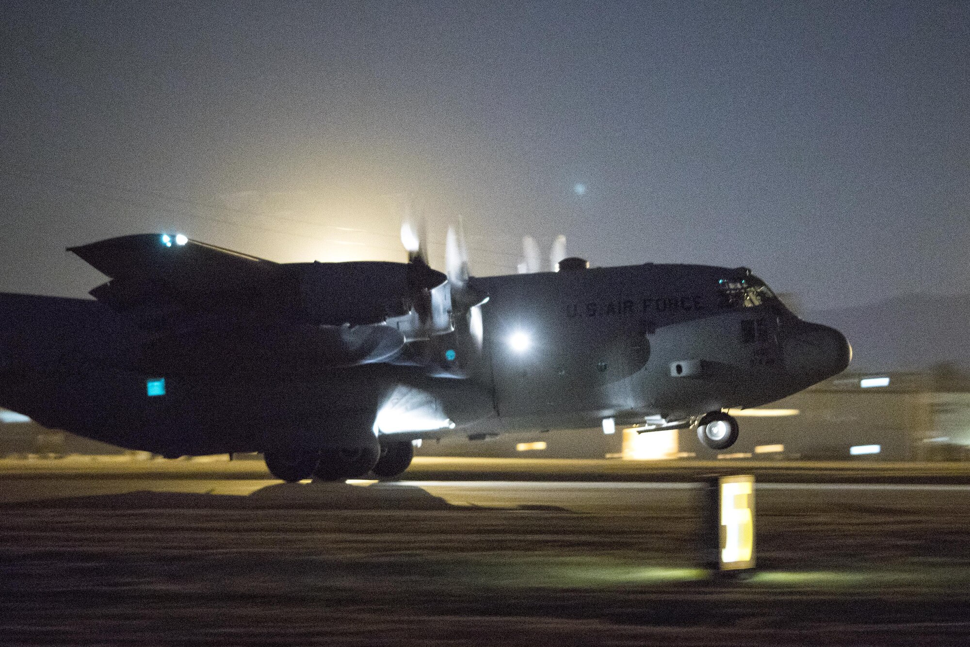 A C-130 Hercules takes off at Yokota Air Base, Japan, Jan. 11, 2017, during Jump Week. The 36th Airlift Squadron provided airlift support to U.S. Marine Corp’s weeklong jump training. (U.S. Air Force photo by Yasuo Osakabe/Released)