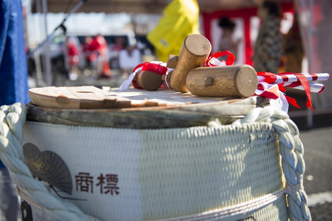 A barrel of New Year’s sake sits at the Japan Culture Day event hosted by the Japanese Welfare Association at Yokota Air Base, Japan, Jan. 13, 2017. The event included traditional festival food, a performance from the Samurai Taiko Drum Team, musicians playing the koto and shamisen and tea ceremonies. (U.S. Air Force photo by Senior Airman David C. Danford)