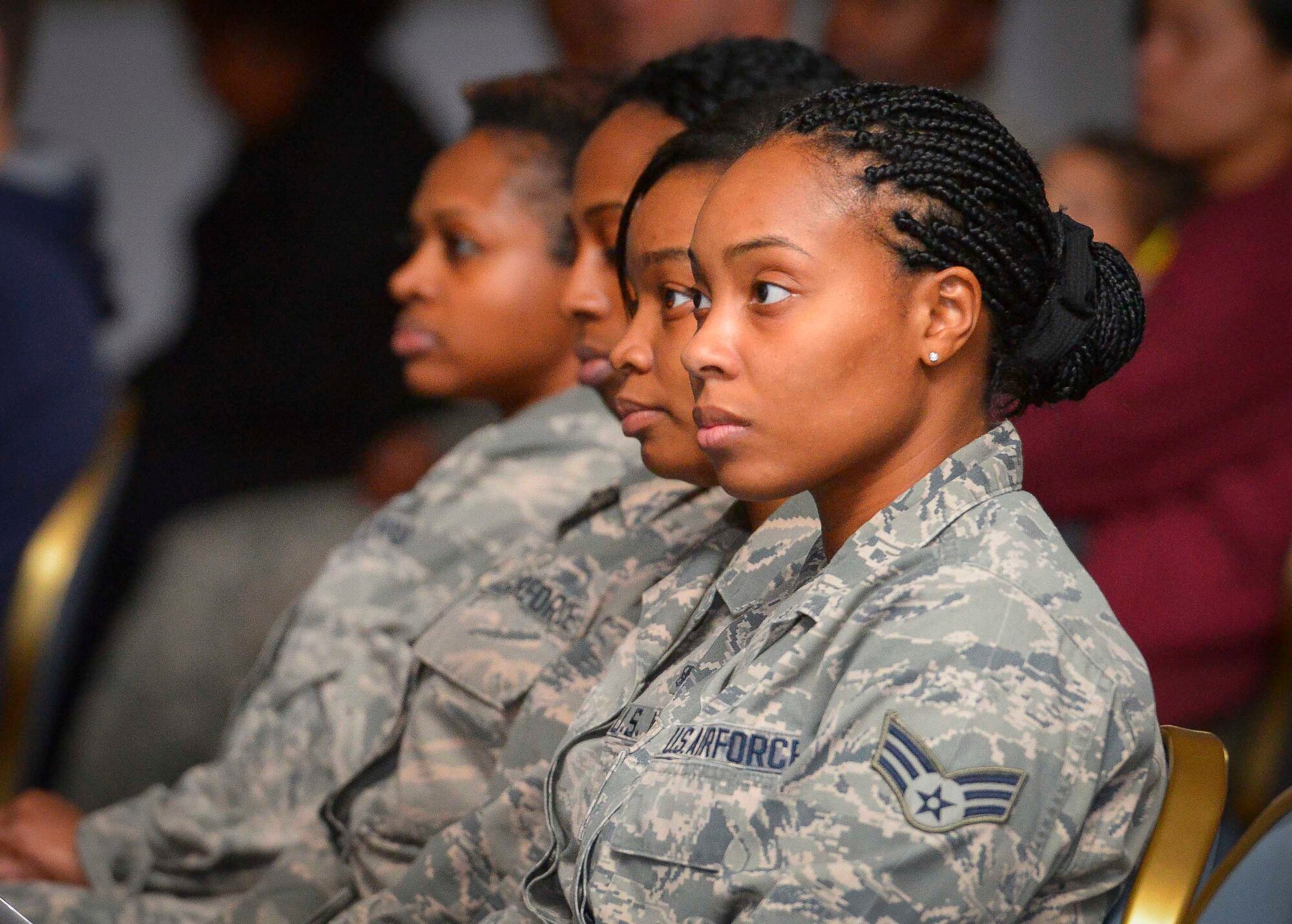 Airmen watch “The Story of a Dream,” a play chronicling African American suffrage of the mid 1950s at Yokota Air Base, Jan. 12, 2017. Airmen acted out major events in the life of Martin Luther King Jr., who helped bring about the Civil Rights Act of 1964 and the Voting Rights Act of 1965. The values of freedom and equality which King fought for continue to be highly valued in the Air Force today. (U.S. Air Force photo by Senior Airman Elizabeth Baker) (U.S. Air Force photo by Senior Airman Elizabeth Baker)