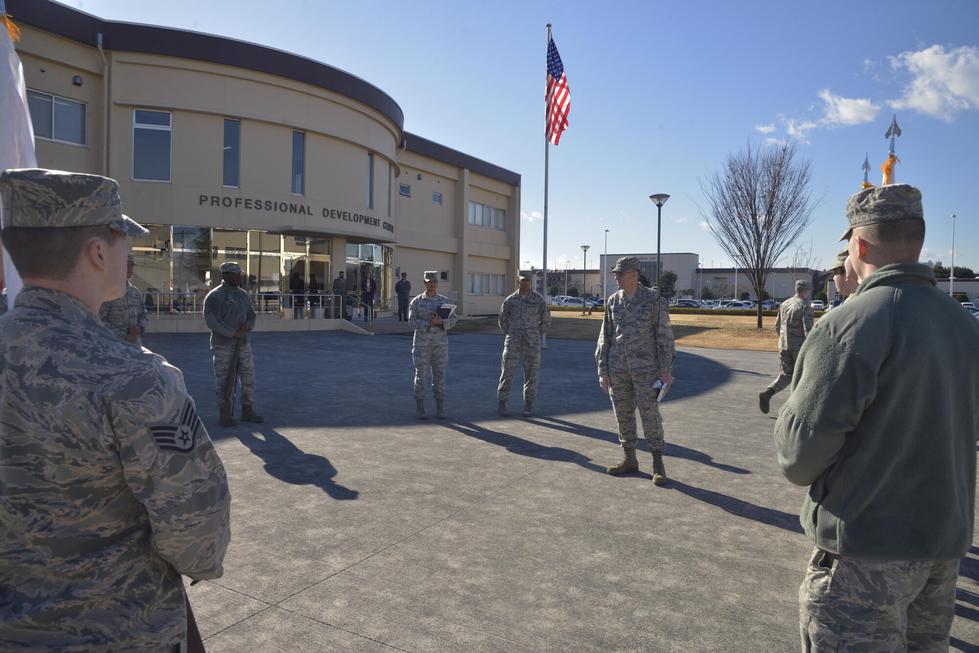 Maj. Gen. Timothy Green, Commander in Chief’s Installation Excellence Award Team Lead, talks to Honor Guard members during a training scenario at Yokota Air Base, Japan, Jan. 12, 2017. After being selected as the top base in the Pacific Air Force, Yokota Air Base, Japan was selected as one of two finalists in the running to receive the Commander In Chief’s Annual Award for Installation Excellence. (U.S. Air Force photo by Staff Sgt. David Owsianka)
