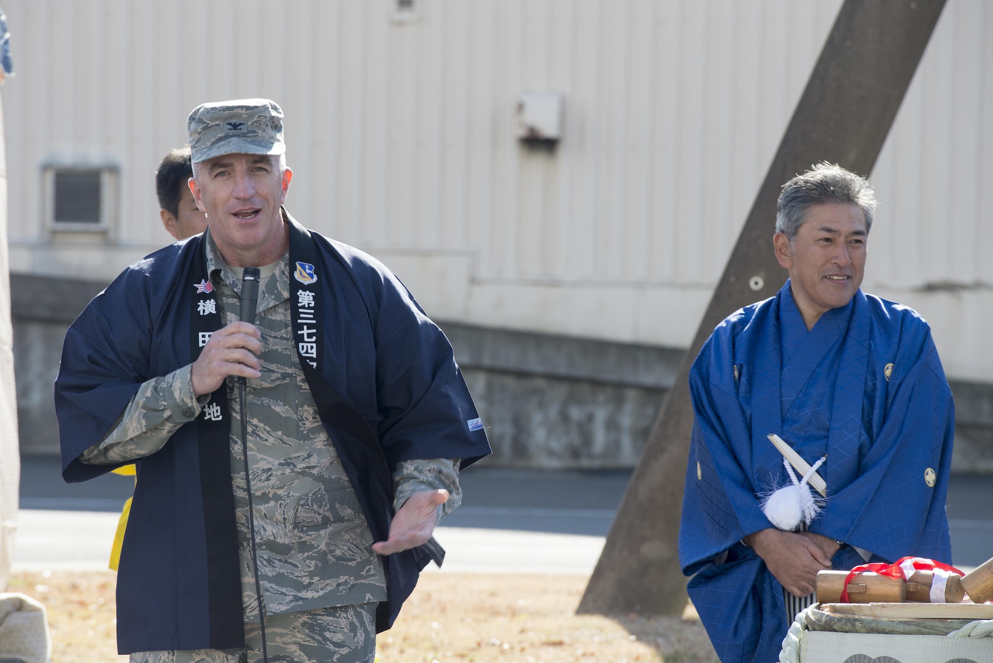 Col. Kenneth Moss, 374th Airlift Wing commander, makes opening remarks during the Japan Culture Day event hosted by the Japanese Welfare Association at Yokota Air Base, Japan, Jan. 13, 2017. In his remarks, Moss thanked the Japanese nationals for taking the time to share parts of their culture with base personnel. (U.S. Air Force photo by Senior Airman David C. Danford)