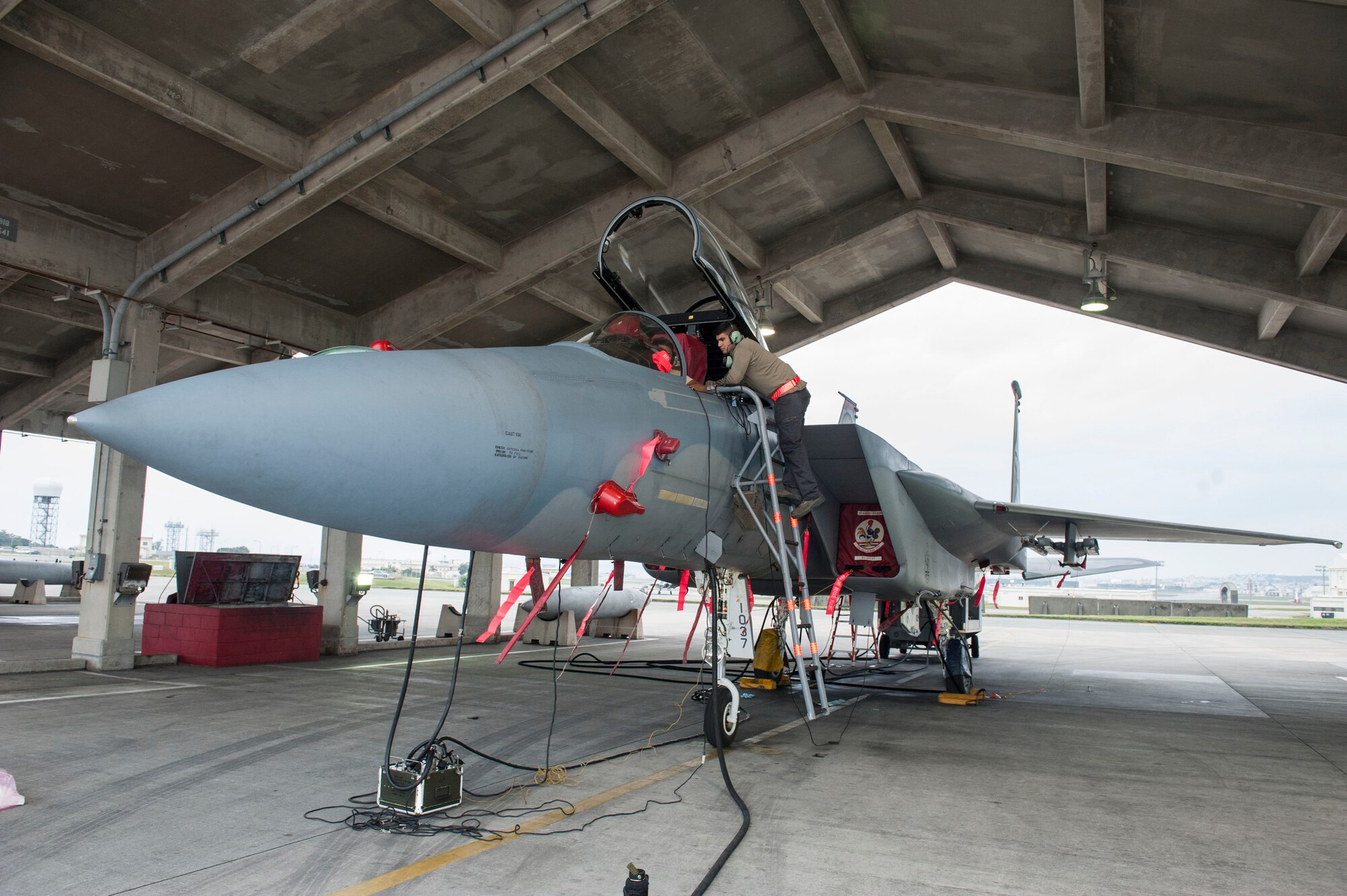 U.S. Air Force Senior Airmen Jason Garciadealba and Adrian Garrucho, 67th Aircraft Maintenance Unit avionics technicians, check the avionics systems of an F-15 Eagle Jan. 10, 2017, at Kadena Air Base, Japan. Avionics technicians are responsible for keeping aircraft avionics systems properly operating. (U.S. Air Force photo by Senior Airman Lynette M. Rolen/Released)